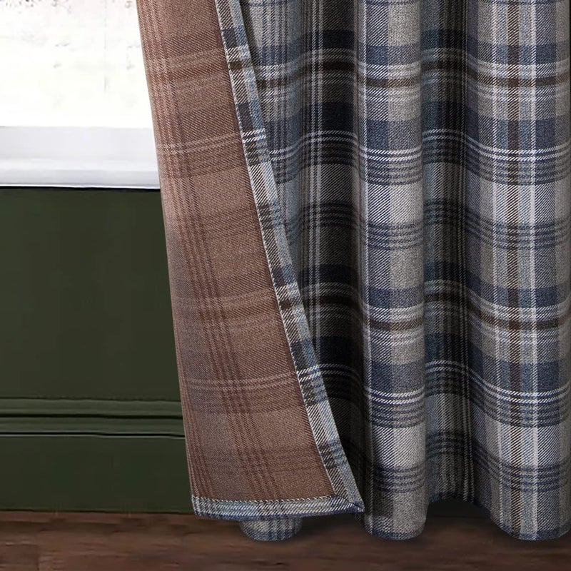 always4u Plaid Gingham Curtains for Living Room Bedroom Room Darkening Check Country Curtains 2 Panels Striped Grommet Window Treatments 45X95 Inch Blue and Brown - Image 4